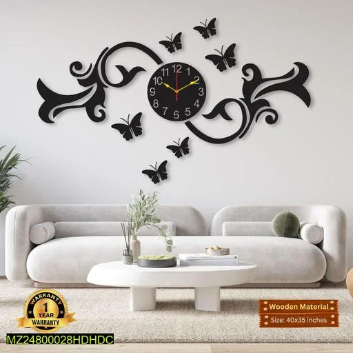 Black Butterfly Wall Clock 40x35cm MDF 3D Design