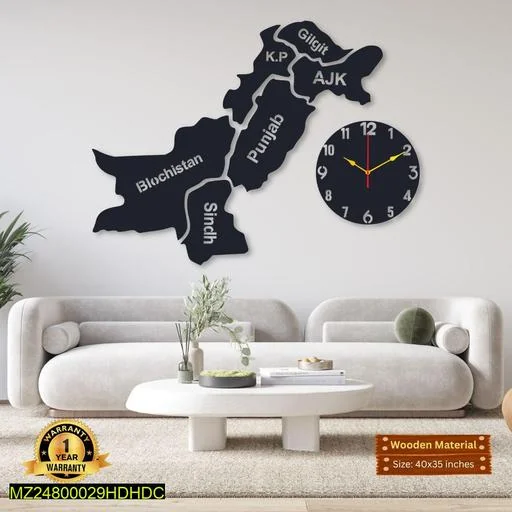 Pakistan Map Wall Clock 3D Black 40x35" MDF