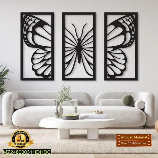 Set of 3 Butterfly Wall Frames Black MDF 3mm