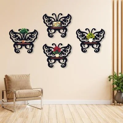 Butterfly Wall Shelves Set of 4 Black Red MDF