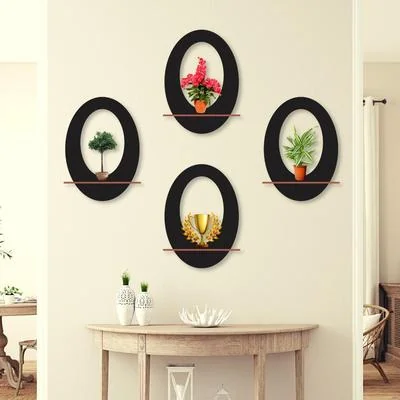 Modern Oval Wall Shelves Set of 4 MDF Black thumbnail 2