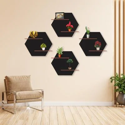 Hexagonal Wall Shelves Set of 4 Black Copper MDF