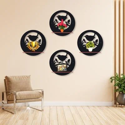 Bird Wall Shelves Set of 4 MDF Black Decor
