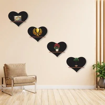 Heart Shelves Set of 4 Black MDF Wall Decor