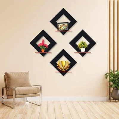 Modern Diamond Wall Shelves Set of 4 MDF Black