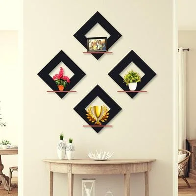 Modern Diamond Wall Shelves Set of 4 MDF Black thumbnail 2