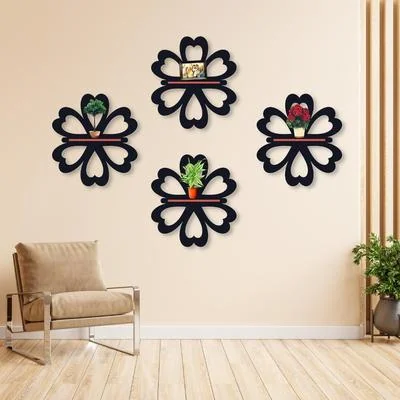 Flower Shelves Set of 4 Black MDF Wall Decor