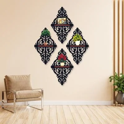 Set of 4 Black Metal Wall Shelves with Red Accents