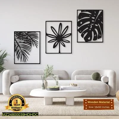 Modern Leaf Wall Art 16x50 MDF Black White Pakistan thumbnail 3