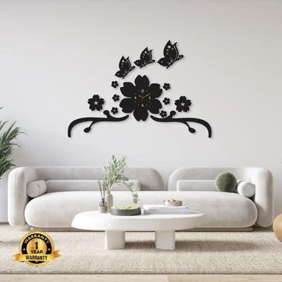 Black Floral Butterfly Wall Clock 29x21 Inch