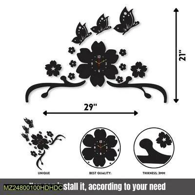 Black Floral Butterfly Wall Clock 29x21 Inch thumbnail 2