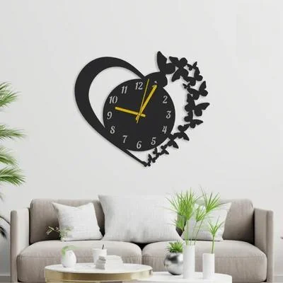 Heart Shaped Wall Clock Black Butterfly Design