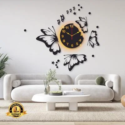 Butterfly Wall Clock Black Gold Modern Decor