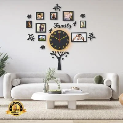 Family Tree Wall Clock with Backlight & Photo Frames
