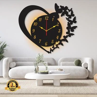 Heart Shaped Wall Clock with Butterfly Design Black