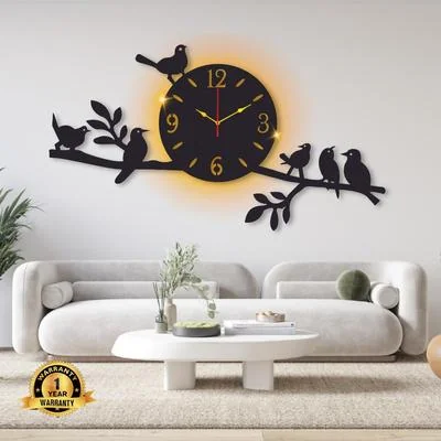 Modern Bird Wall Clock with Backlight Black Gold