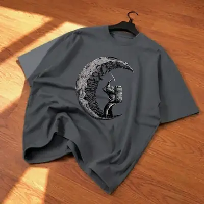 Premium Charcoal Grey Oversized Drop Shoulder T-Shirt - Astronaut Moon Graphic Tee