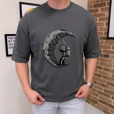 Premium Charcoal Grey Oversized Drop Shoulder T-Shirt - Astronaut Moon Graphic Tee thumbnail 3