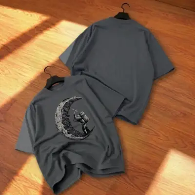 Premium Charcoal Grey Oversized Drop Shoulder T-Shirt - Astronaut Moon Graphic Tee thumbnail 4