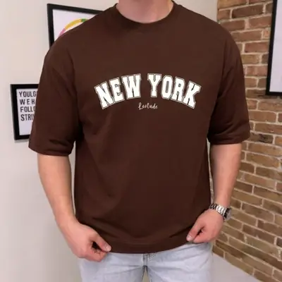 Premium Brown Oversized Drop Shoulder T-Shirt - NEW YORK Graphic Tee thumbnail 4