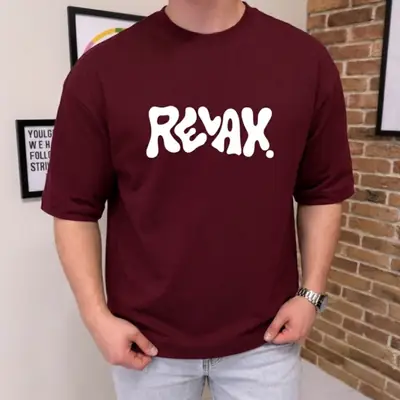 Premium Maroon Oversized Drop Shoulder T-Shirt - RELAX Graphic Tee thumbnail 4