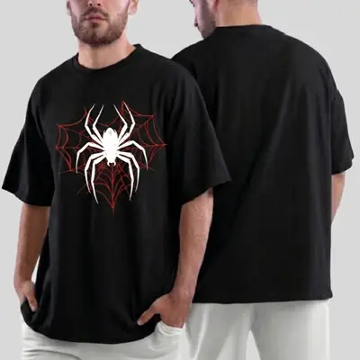 Premium Spider Web Graphic Drop Shoulder T-Shirt - Black Oversized Fit thumbnail 3