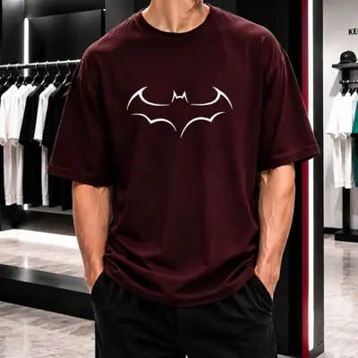 Premium Batman Graphic Drop Shoulder Maroon T-Shirt - Oversized PC Fabric Tee thumbnail 3