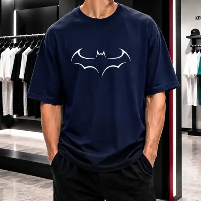 Premium Batman Graphic Drop Shoulder Navy Blue T-Shirt - Oversized PC Fabric Tee thumbnail 3