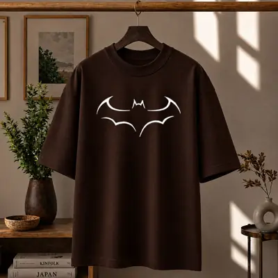 Premium Batman Graphic Drop Shoulder Brown T-Shirt - Oversized PC Fabric Tee