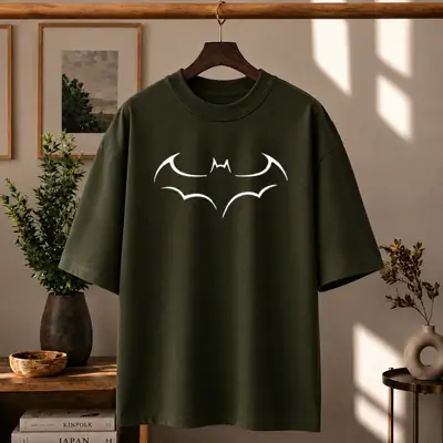 Premium Batman Graphic Drop Shoulder Olive Green T-Shirt - Oversized PC Fabric Tee