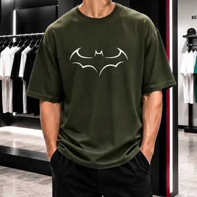 Premium Batman Graphic Drop Shoulder Olive Green T-Shirt - Oversized PC Fabric Tee thumbnail 3