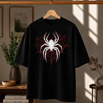 Premium Spider Web Graphic Drop Shoulder T-Shirt - Oversized PC Fabric Tee