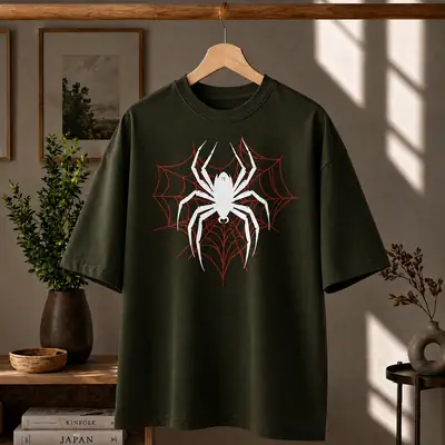 Premium Spider Web Graphic Drop Shoulder Olive Green T-Shirt - Oversized PC Fabric Tee