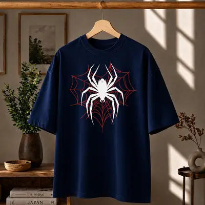 Premium Spider Web Graphic Drop Shoulder Navy Blue T-Shirt - Oversized PC Fabric Tee