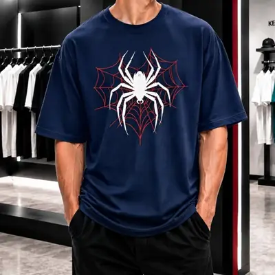 Premium Spider Web Graphic Drop Shoulder Navy Blue T-Shirt - Oversized PC Fabric Tee thumbnail 3