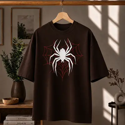 Premium Spider Web Graphic Drop Shoulder Brown T-Shirt - Oversized PC Fabric Tee