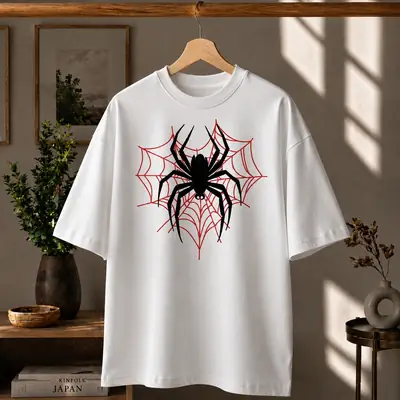Premium Spider Web Graphic Drop Shoulder White T-Shirt - Oversized PC Fabric Tee