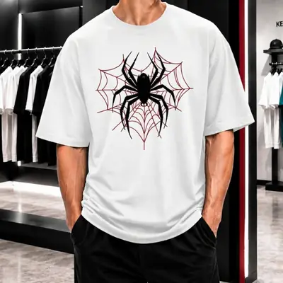 Premium Spider Web Graphic Drop Shoulder White T-Shirt - Oversized PC Fabric Tee thumbnail 3
