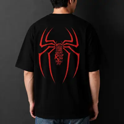 Premium Spider-Man Graphic Drop Shoulder Black T-Shirt - Oversized PC Fabric Tee