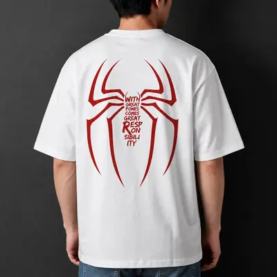Premium Spider-Man Graphic Drop Shoulder White T-Shirt - Oversized PC Fabric Tee