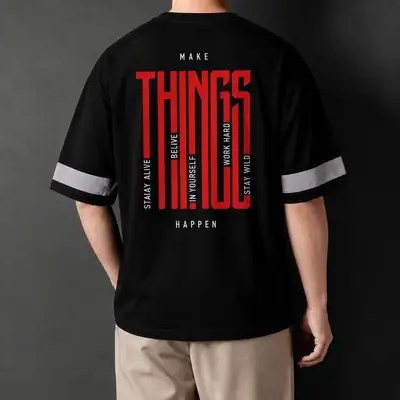 Premium Make Things Happen Graphic Drop Shoulder Black T-Shirt - Oversized PC Fabric Tee