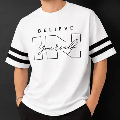 Premium Believe In Yourself Graphic Drop Shoulder White T-Shirt - Oversized PC Fabric Tee