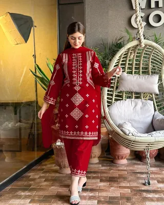 3 Pcs Women's Stitched Cotton Embroidered Suit thumbnail 3