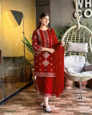 3 Pcs Women's Stitched Cotton Embroidered Suit thumbnail 4