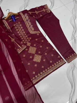 3 Pcs Women's Stitched Cotton Embroidered Suit thumbnail 5