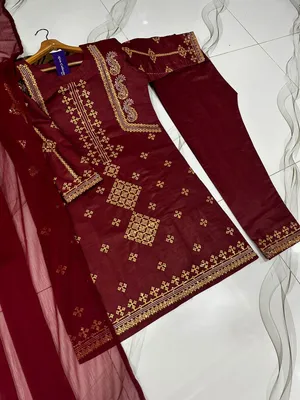 3 Pcs Women's Stitched Cotton Embroidered Suit thumbnail 7