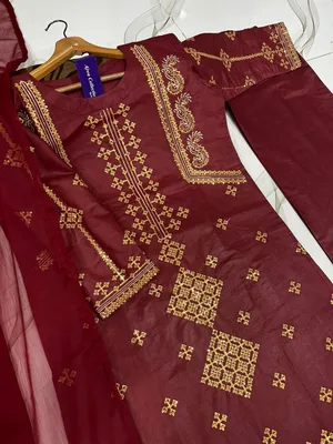 3 Pcs Women's Stitched Cotton Embroidered Suit thumbnail 8