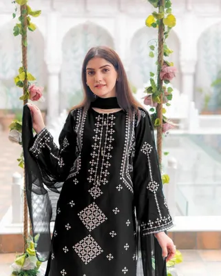 3 Pcs Women's Stitched Cotton Embroidered Suit thumbnail 2