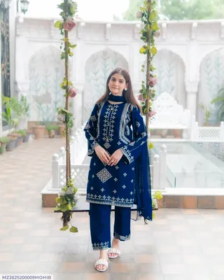 3 Pcs Women's Stitched Cotton Embroidered Suit