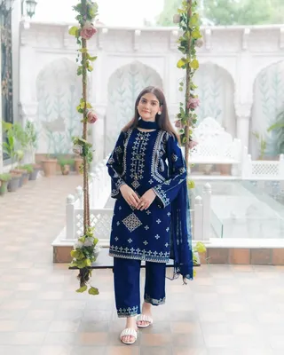3 Pcs Women's Stitched Cotton Embroidered Suit thumbnail 3